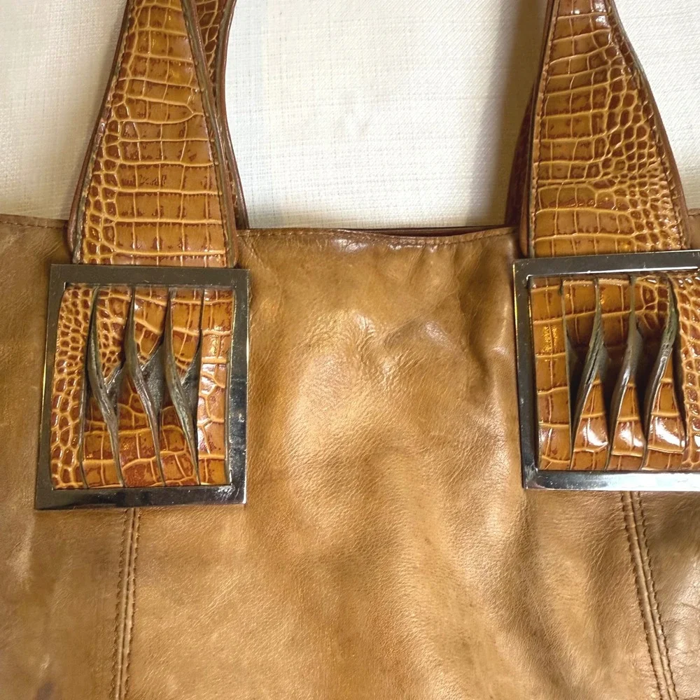 M.C. Vintage‎ Tan Leather Tote Bag Croc Embossed Shoulder Bag Cognac